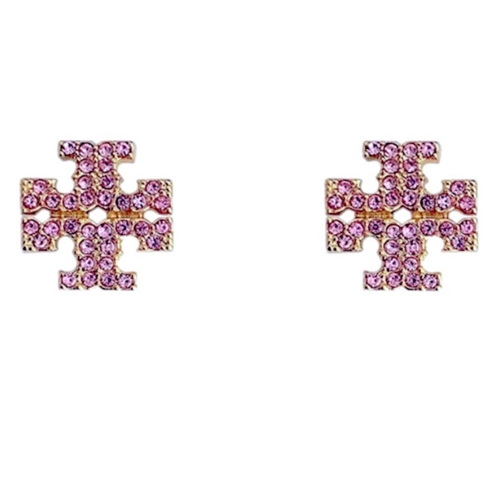 Tory Burch Gold Logo Pink Gemstone Stud Earrings - Picture 7 of 9